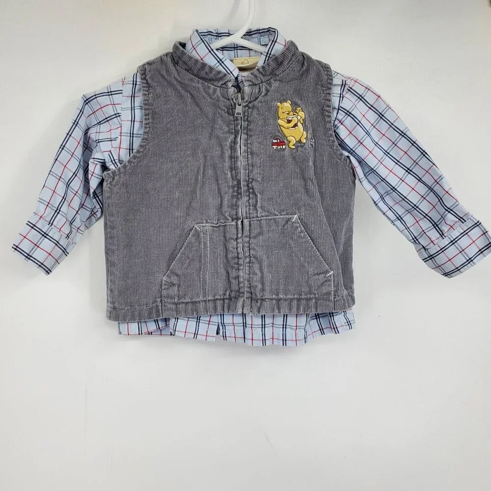 Disney Classic Pooh Plaid Button Down Shirt and Corduroy Vest‎ Size 9 Month